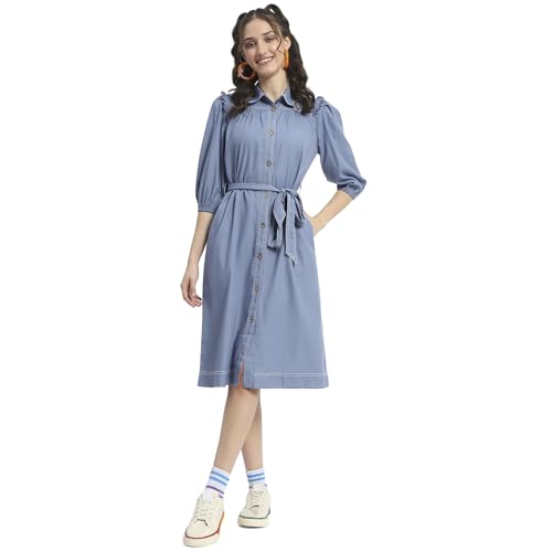 Madame Cotton Blend Belted Waist Blue Midi Shirt Dress for Women