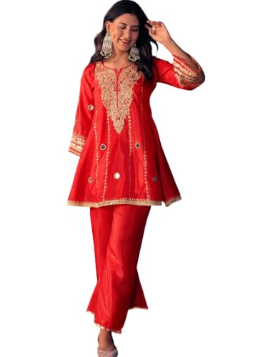 Women's Silk Crepe Kurta Set With Pant, Mirror Work