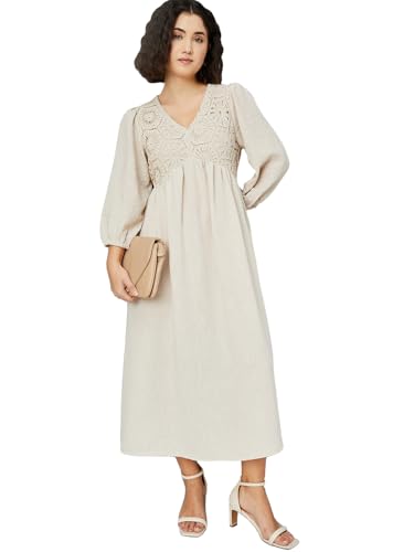 Max Women's Polyester A-Line Midi Dress (DTI3604_Beige