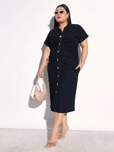 Sassafras Curve Women Black Blast Denim Front Ruching Bodycon Dress-6XL