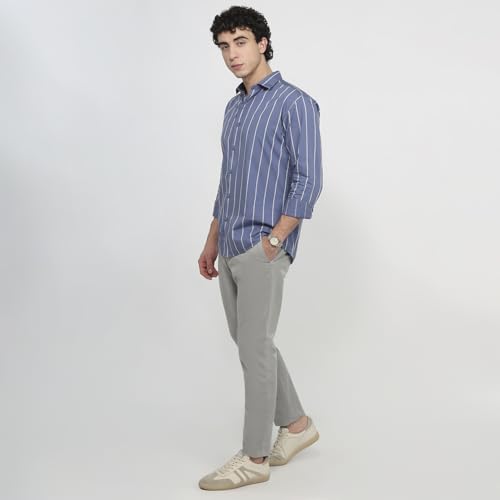 Park Avenue Men Slim Fit Stripe Pattern Pure Cotton Short Collar Full Sleeve Round Hem Casual Shirt Dark Blue