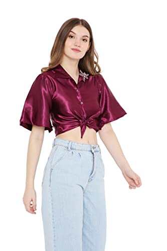 OJ Women's Purple Tie-up Crop Shirt (Medium)