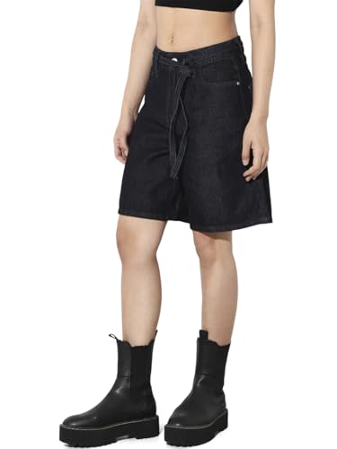 ONLY Women's Solid Regular Fit Mid-Rise Blue Shorts