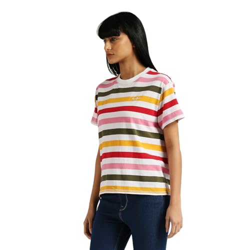 Pepe Jeans Women's Striped Relaxed Fit T-Shirt (PL505908_RED_Multi