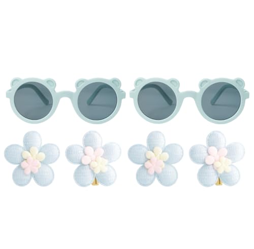 Tresneria Round Mint Blue Bear Sunglasses with Blue Flower Hair Clips | Stylish Kids Combo for Summer, Travel & Birthday Gifts Set of 2