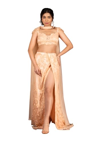 The Behruz Theory Heavy Embroidered Fusion Peach High Slit Lehenga (Large)