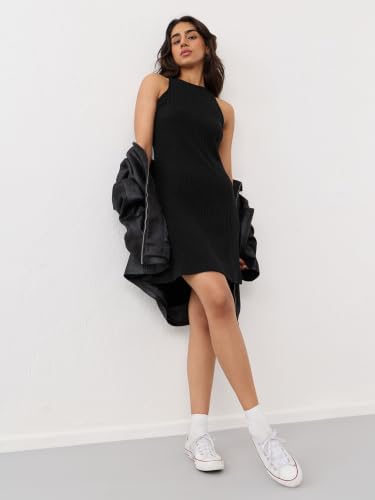 The Souled Store Solid Knit Dress: Ink Black Women and Girls Sleeveless Round Neck Black Solid Polyester Cotton Blend Slim Fit Breathable Comfortable Summer Casual Mini Dresses