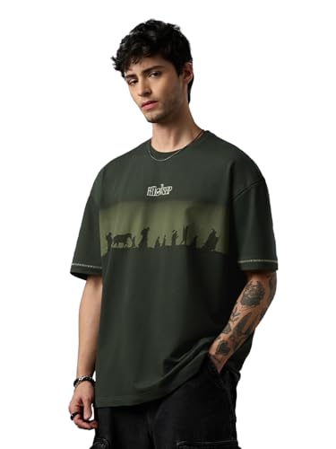 The Souled Store LOTR: The Return Men and Boys Short Sleeves Round Neck Dark Olive Green Graphic Printed Casual Lightweight Drop Shoulder Streetwear Trendy Oversized T-Shirts