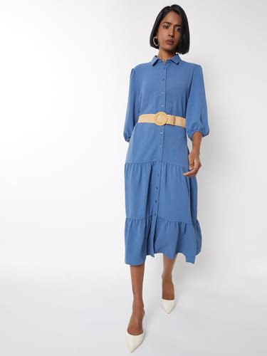 Max Women Textured Tiered Dress with Belt(Blue_L)