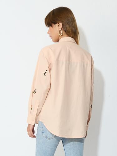 The Souled Store Pets On Prints: Doggo Love Women and Girls Full Length Sleeves Spread Collar Peach Striped Embroidered Cotton Oversized Fit Breathable Lightweight Everyday Casual Shirt