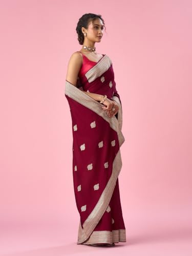 MOHEY Women's Wine Silk Saree with Stone Work with Blouse Piece (Wine)