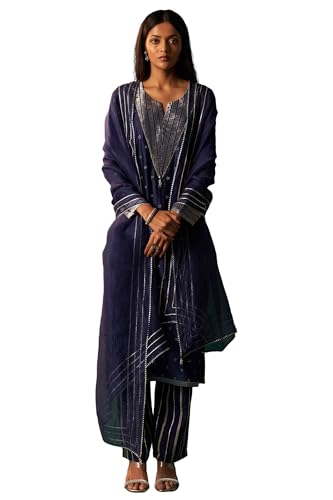 Wishful Women's Blue Heavy Embroidered Straight Festive Tissue Kurta with Culotte and Dupatta Set (SP12856-401190-2XL)