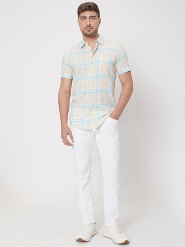 MUFTI Men Casual Shirt | Slim Fit Half Sleeve Point Collar Checked Pattern | 100% Cotton Breathable Fabric, Weekend Outings & Relaxed Style| Beige 6XL