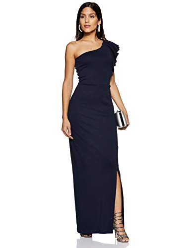 Miss Chase Women's Designer Navy Blue Solid Slitted One Shoulder Ruffled Maxi Dress with Zip Closure (MCAW17D10-37-71-04, Navy Blue, Medium)