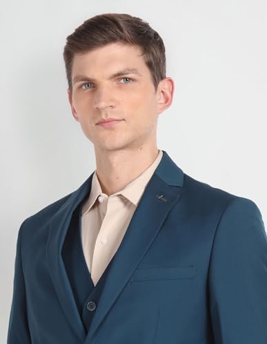 Arrow Men Polyester Regular Fit Double Breasted Business Suit Pants Set (ARAGSU5585_Teal