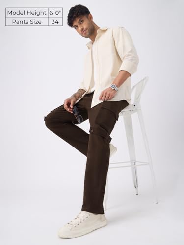 The Souled Store Textured Cargo Pants: Cocoa Men and Boys Solid Cotton-Spandex Durable Multi-Pocket Everyday Streetwear Straight Fit Cargo Pants