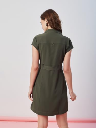 Latin Quarters Women's Green Solid Cap Sleeves Collar Neck Casual Shirt Dress_XXL