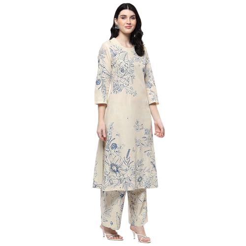Biba Women Off-White and Blue Cotton Straight Kurta Set_34