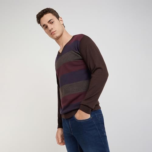 Park Avenue Men's Regular Fit, Striped Pattern, Full Sleeve | Dark Brown