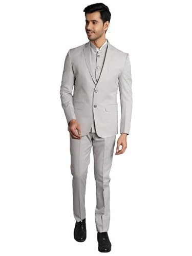 WINTAGE Poly Viscose Grey Solid Three Piece Suit: Small