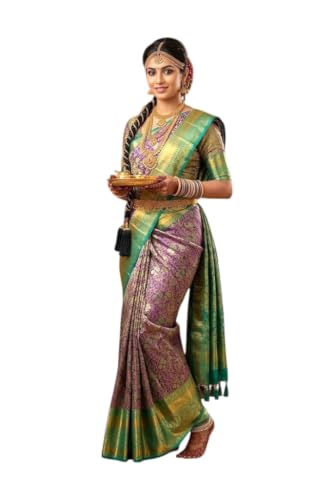 VFCollections Women's Traditional Handloom Kanchipuram Silk Pure Pattu Saree Purple & Teal Green Royal Wedding Border & Floral Butta With Rich Zari Woven Design | Bridal Saree | Unstitched Blouse