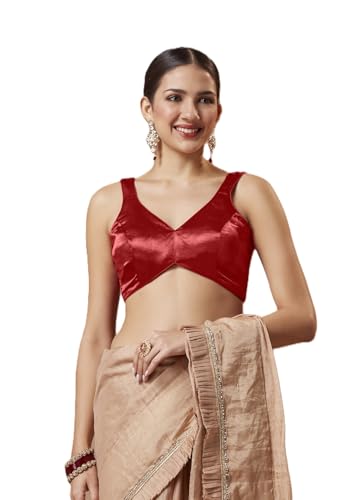SALWAR STUDIO Red Satin Sleeveless Readymade Blouse