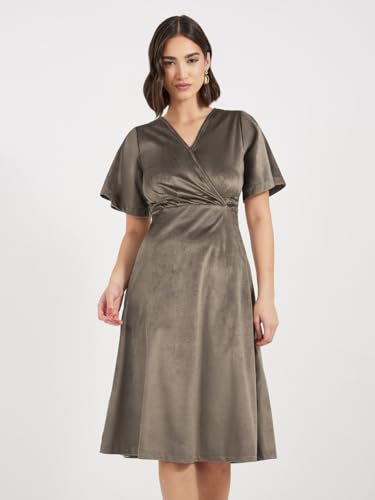 Styli Women Olive Green Solid V-Neck A-Line Midi Dress | Elegant Wrap Style | Short Extended Sleeves | Flared Hemline | Perfect for Casual & Semi-Formal Occasions