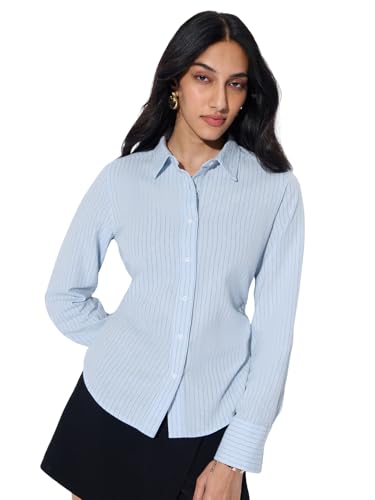The Souled Store Cotton Linen: High Tide Women and Girls Full Sleeves Spread Collar Light Blue Striped Cotton Linen Blend Regular Fit Lightweight All-Season Shirt