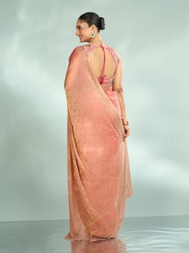 MOHEY Women's Organza Cutdana Work, Stone Work & Woven Saree with Blouse Piece (Pink)