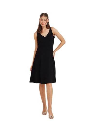 Latin Quarters Women's Black V-Neck Sleeveless Solid Party Fit & Flare Dress_XL