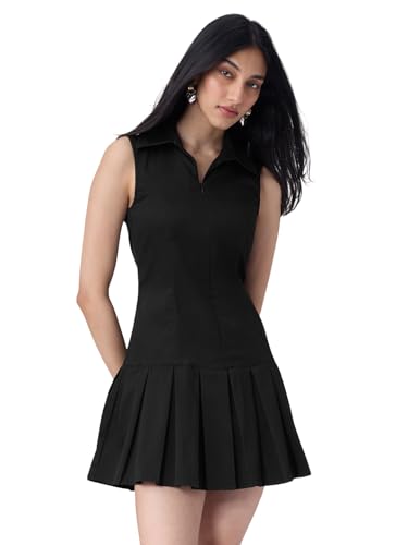 The Souled Store Tennis Dress: Smoked Black Women and Girls Sleeveless Collared Neck Solid Polyester Slim Fit Lightweight Pleated Hem Casual Skater Tennis Dress