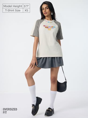The Souled Store Tom & Jerry: Trouble Women and Girls Short Sleeves Round Neck Off White Graphic Printed Cotton Lightweight Everyday Streetwear Oversized T-Shirt