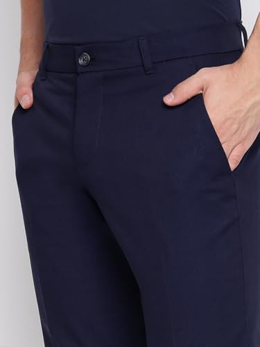 GUESS Myron Dressy Cotton Dobby Stretch Smart Blue Solid Mid Rise Regular Fit Chinos Trousers