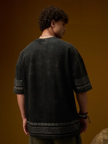 The Souled Store Nomad: Compass Men and Boys Short Sleeves Round Neck Charcoal Grey Embroidered Compass Casual Drop Shoulder Streetwear Trendy Super Oversized T-Shirt