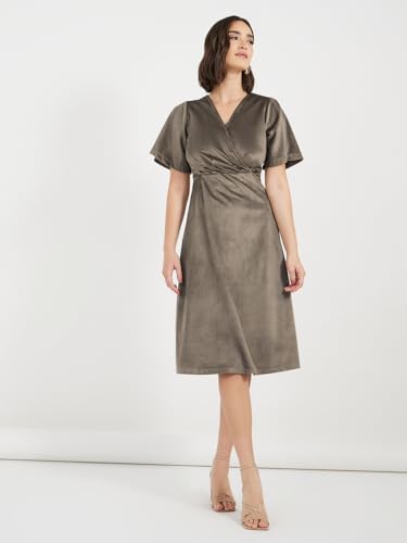 Styli Women Olive Green Solid V-Neck A-Line Midi Dress | Elegant Wrap Style | Short Extended Sleeves | Flared Hemline | Perfect for Casual & Semi-Formal Occasions