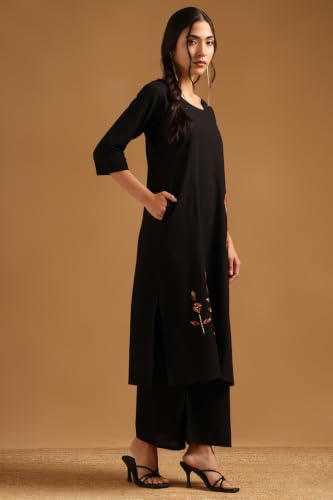 Soch Womens Black Cotton Flex Botanical Applique Kurta Set