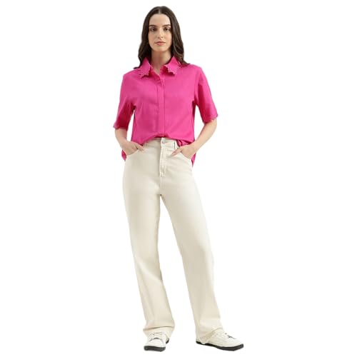 United Colors of Benetton Regular Fit Spread Collar Solid Lace Detail Slub Shirt (Size: M) - 26P5WVNTP309IPF1 Pink