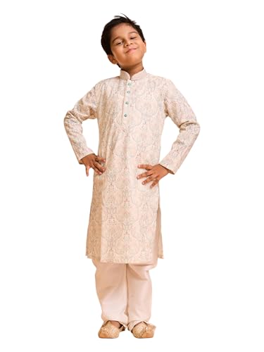 Manyavar Boys Cotton Blend Paisley Printed|Embroidery Kurta Pyjama Set (Pista Green,10-12Y)