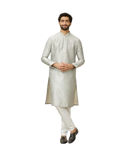 Manyavar Men's Art Silk Jacquard Full Sleeves Kurta Set (Light Grey,XXXL)