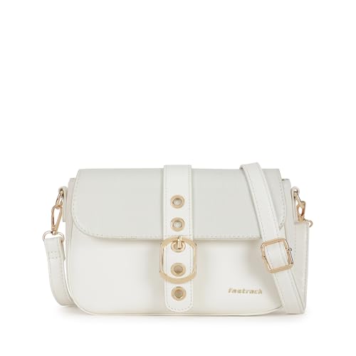 BuckleUp White Sling | Faux-Leather Women’s bag | Sling with Croco-Textured Flap & Buckle Closure