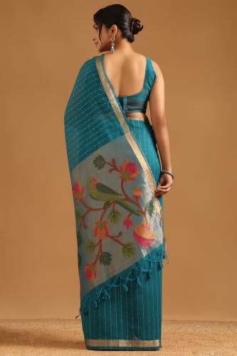 Soch Womens Turquoise Blue Tissue Botanical Zari Woven Saree