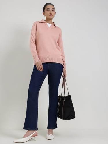 FableStreet Women Sweater Casual | V-Neck Polo Collar Design with Long Sleeves & Ribbed Hem | Solid Pattern Acrylic Knit Fabric for Comfort & Layering Pink