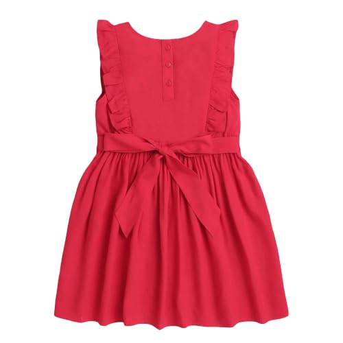 Hopscotch Girls Embroidesleeveless Casual Dress In Red Color For Ages 5-6 Years, Knee-Length