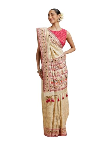MOHEY Women's Cream Art Silk Embroidered|Stone Work|Sequin Work Saree (Cream)