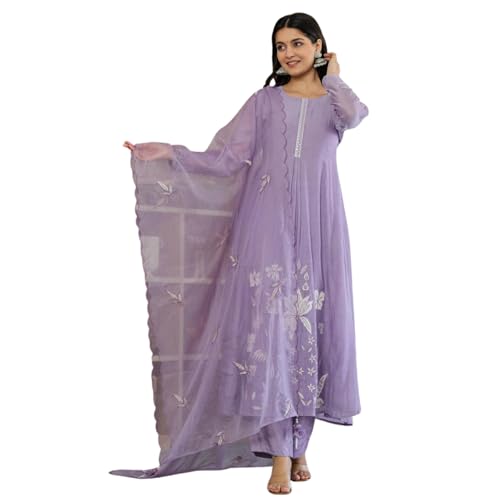 AVYUKTHA | Women Floral Embroidered Kurta with Pyjamas & Dupatta | Thread Work Ethnic Kurta Set for Women | Festive & Daily | Purple | Size- XL