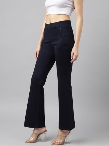 Latin Quarters Women Navy Blue Solid High Rise Stretch Trousers with Slip On Closure and Full Length for Casual Wear