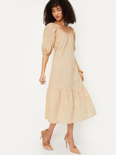 Max Women's Cotton A-Line Below The Knee Dress (VV58002_Beige