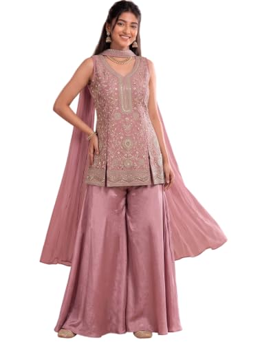 Varanga Women Pink A Line Kurta Palazzos Set V Neck Sleeveless Chinon