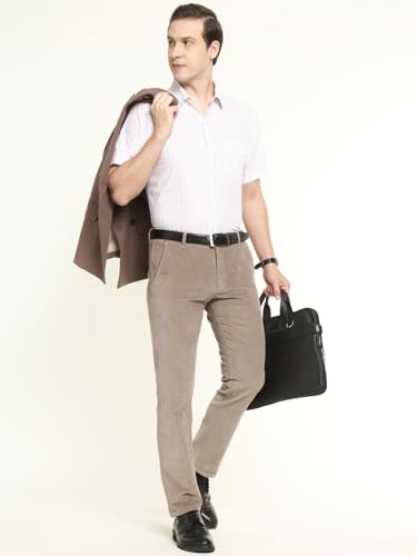 Hancock Men Cotton Solid Slim Fit Trousers Beige Size 32, Durable Fabric with a Tailored Finish, Classic Silhouette with Modern Comfort, Soft Breathable Fabric for All Day wear