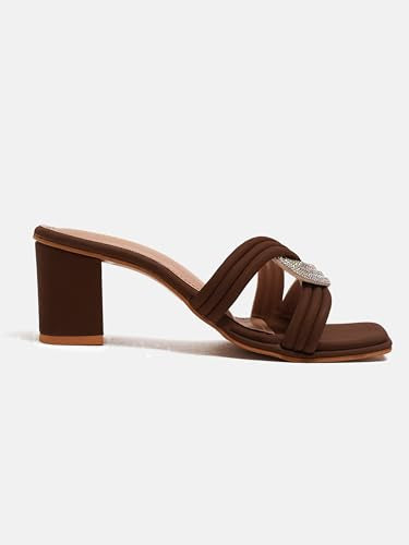 JM LOOKS Women's Block Heeled Sandals Low Chunky Heels Embellished Upper Open Square Toe Dress Shoes for Wedding Bridal Party - Brown